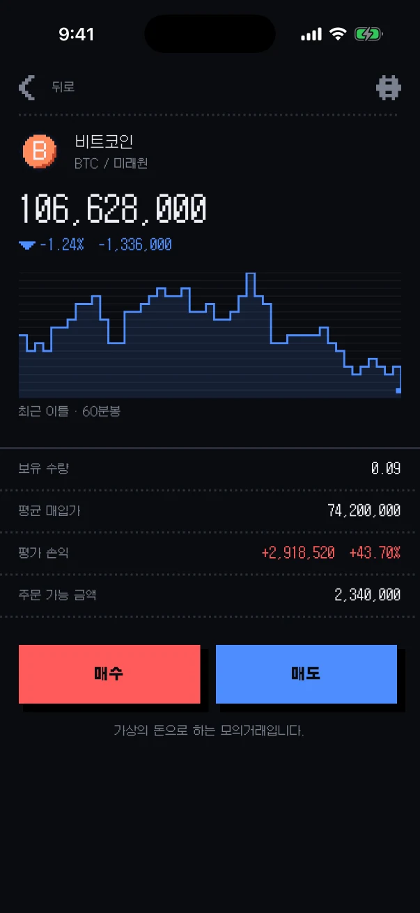 비트코인 종목 화면 — 차트·보유 수량·평가 손익