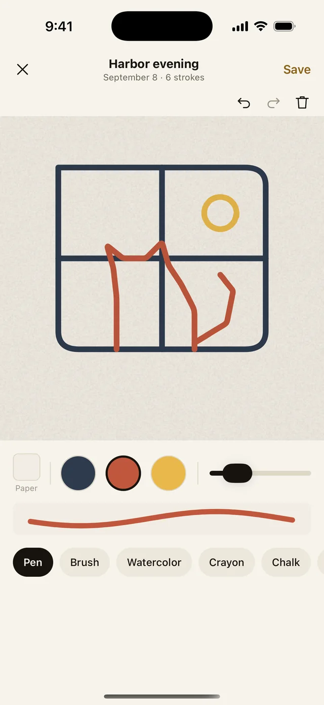 Drawing screen with today's three brush colors and six brushes