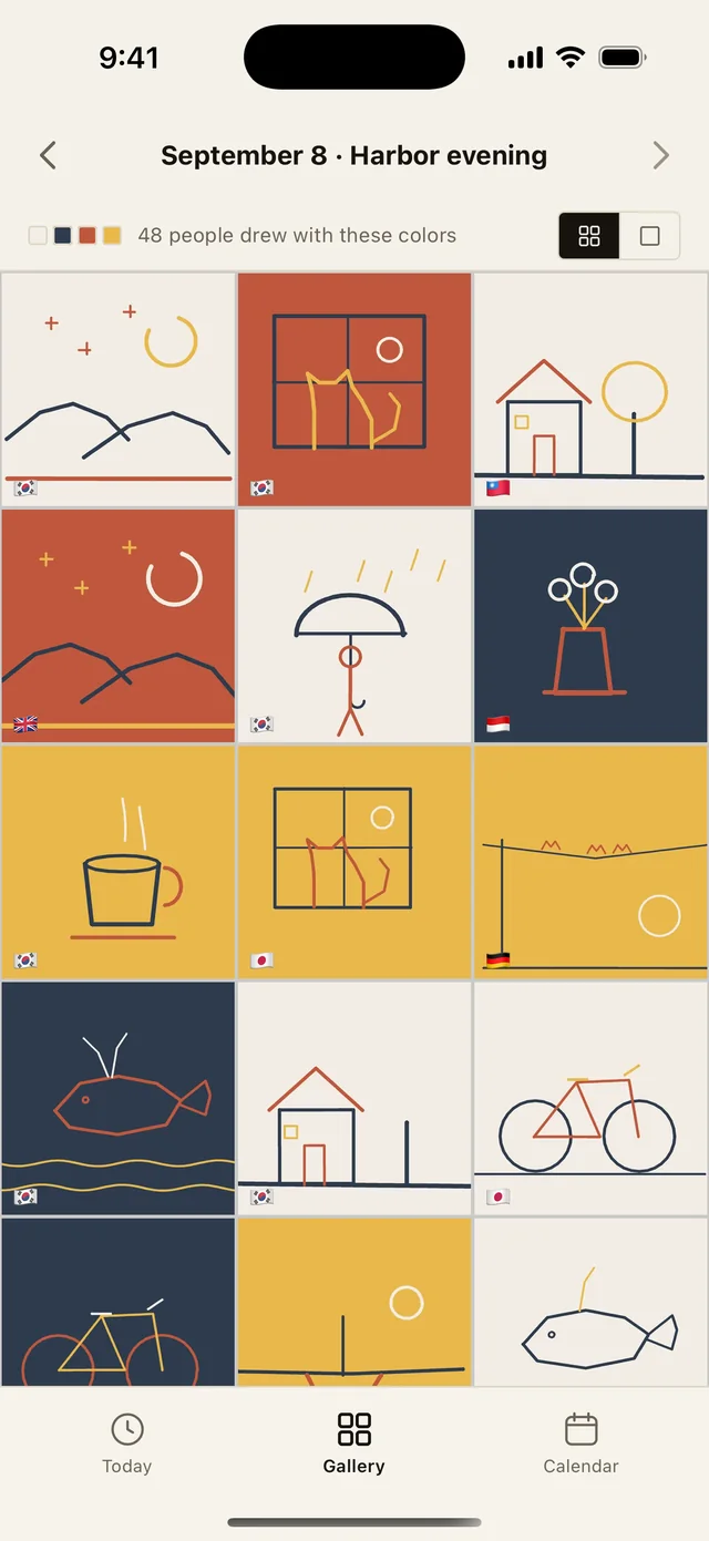 Gallery grid of drawings made with the same four colors