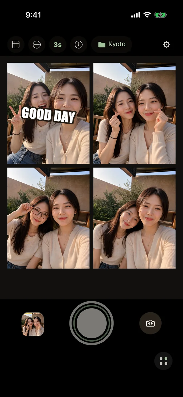 Booth template — four frames of two friends, GOOD DAY sticker, 3-second timer