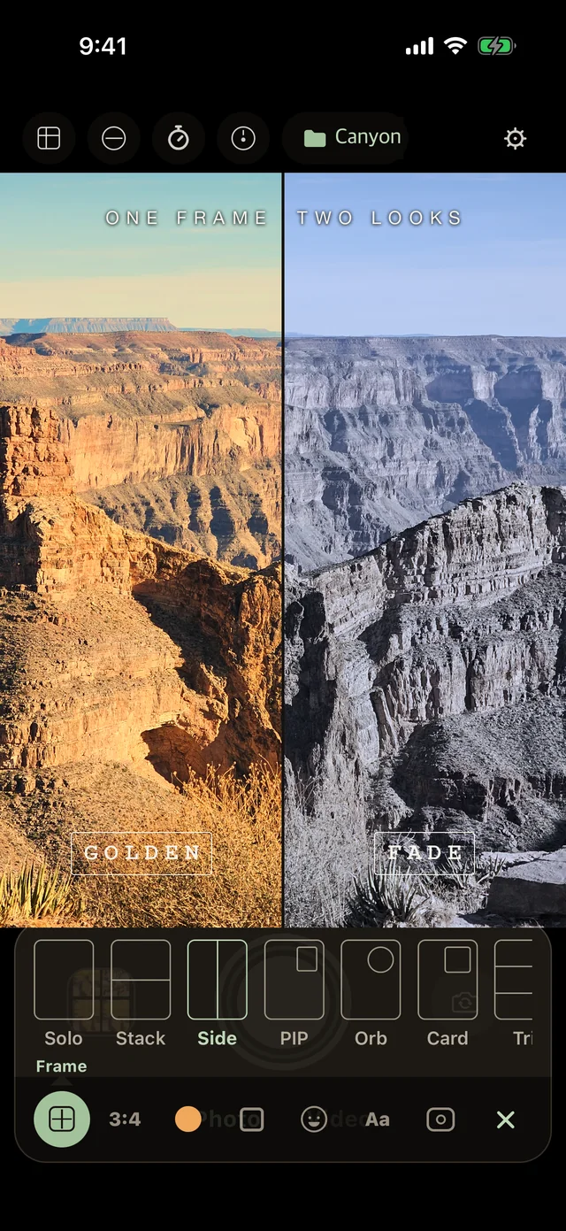 One frame, two looks — Golden on the left, Fade on the right, with the Frame dock open