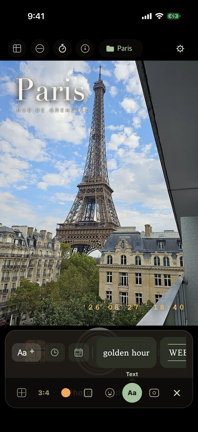 Paris — text tool open with the golden hour handwriting font and a film date stamp