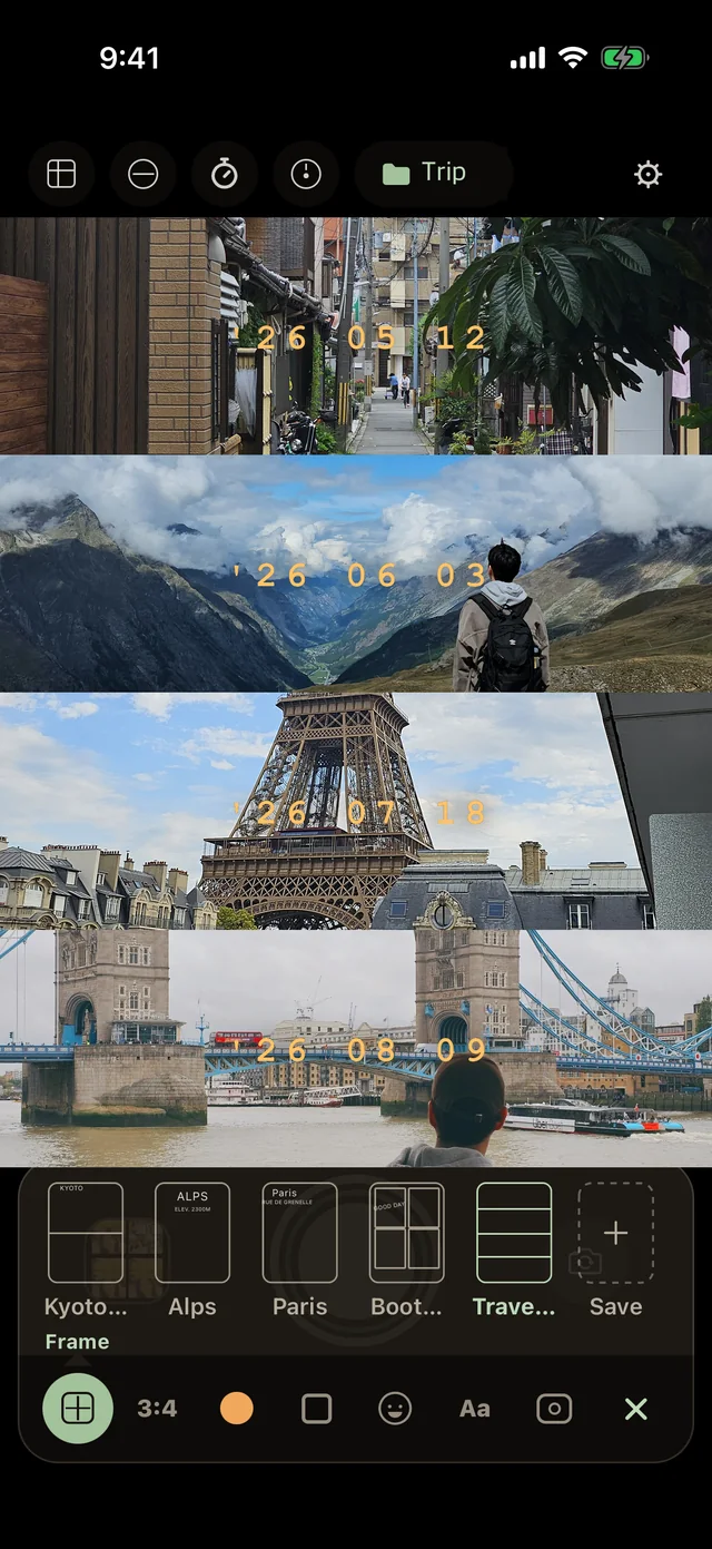 Trip recap template with saved presets Kyoto, Alps, Paris, Booth, Travel